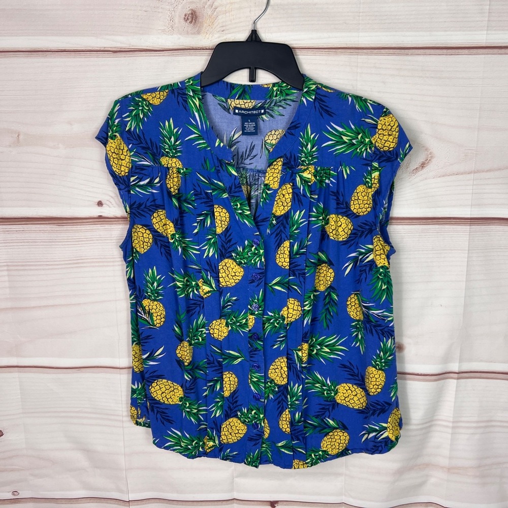 Architect Top Womens L Blue Pineapple Print Blouse Button Up Cap Sleeve Pleated